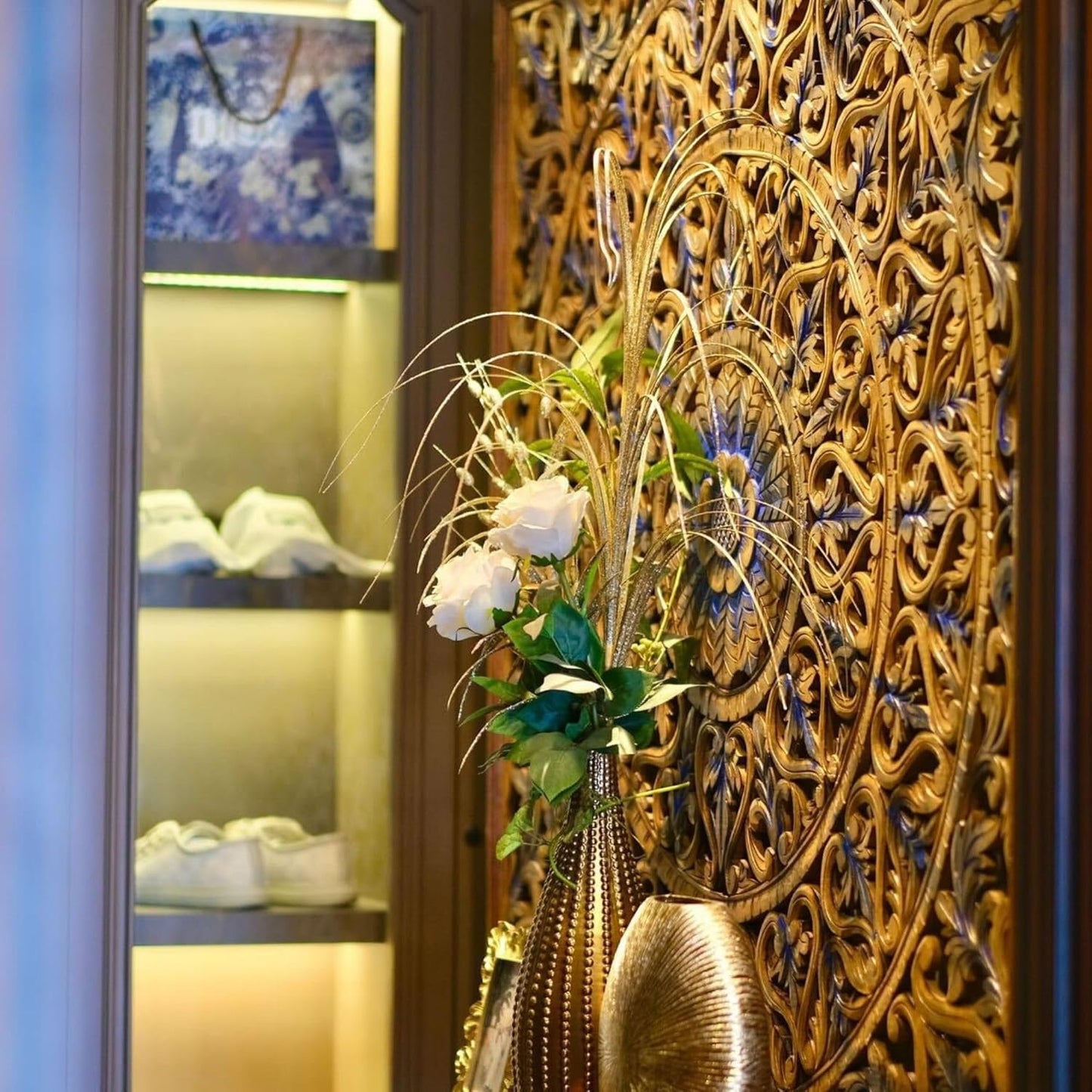 Carved Decorative Panel "Tropis" in Blue and Brown Wash - 120 x 120 cm