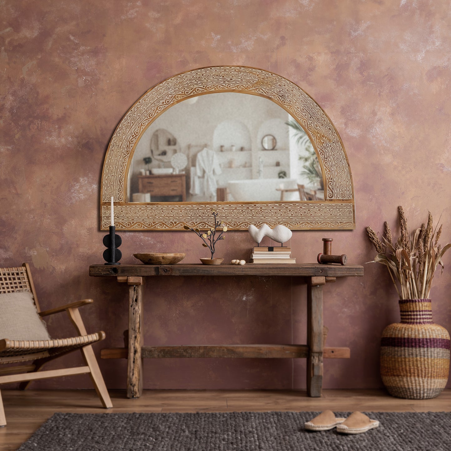 Wooden Carved Mirror Arch "Aruni" - Natural Wash - 140 x 90 cm