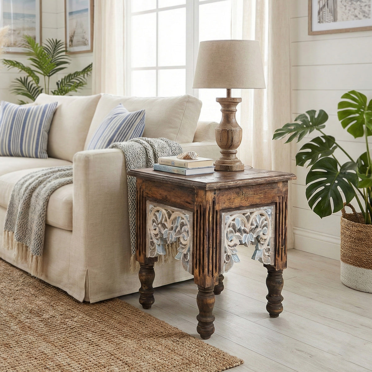 Wooden Carved Side Table 'Jejak' - Brown and Multicolor