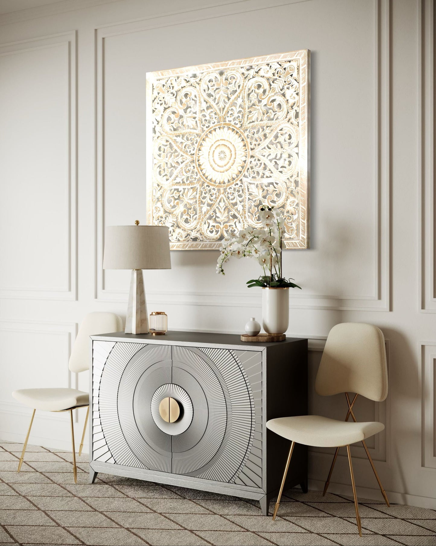 Carved Decorative Panel "Jantung" - Antic Wash & White - 100 x 100 cm