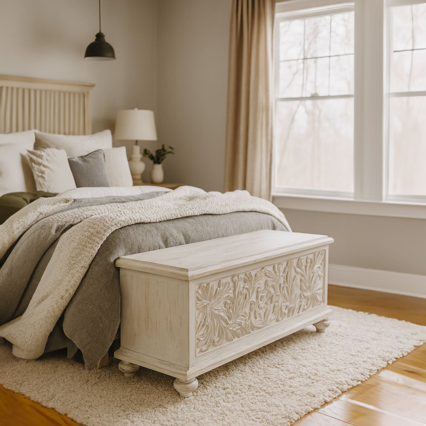 Hand Carved Wooden Trunk "Cristina" - White Wash - 100 cm