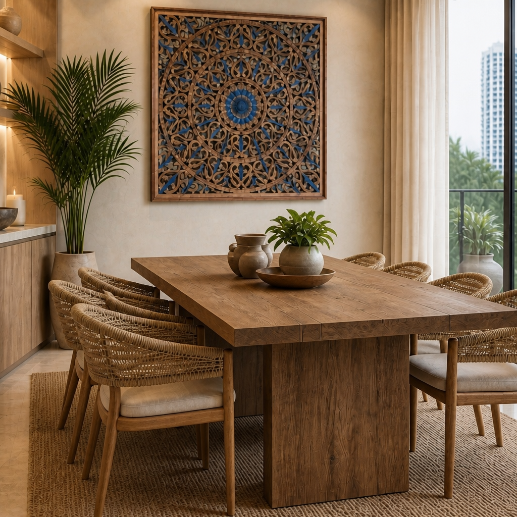 Carved Decorative Panel "Tropis" in Blue & Brown Wash - 100 x 100 cm