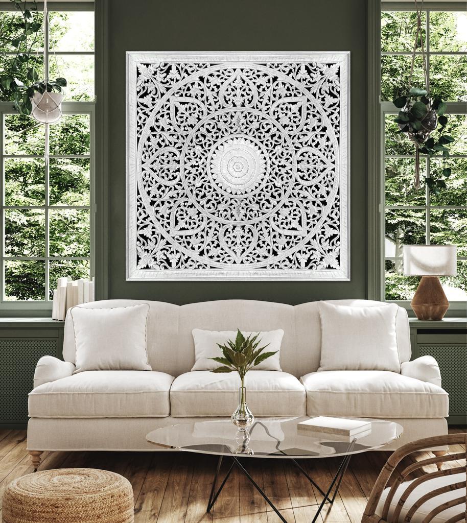Carved Decorative Panel "Umadewi" in White - 120 x 120 cm