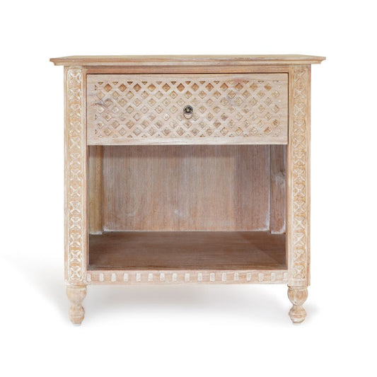 Carved Bedside Table 'Christine' - Natural Wash