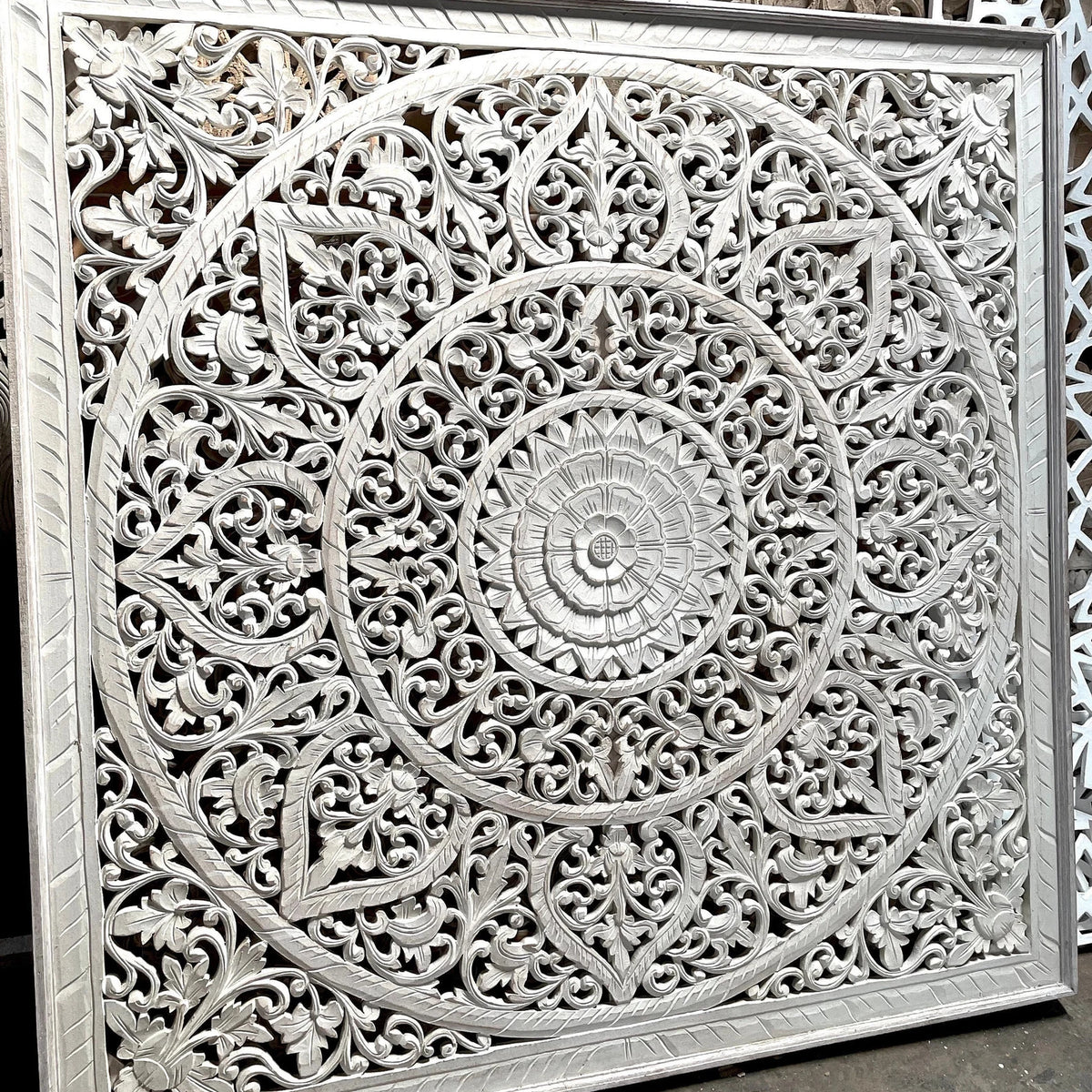 Hand Carved Queen Size Mandala Bed Headboard - 'Umadewi' in White Wash