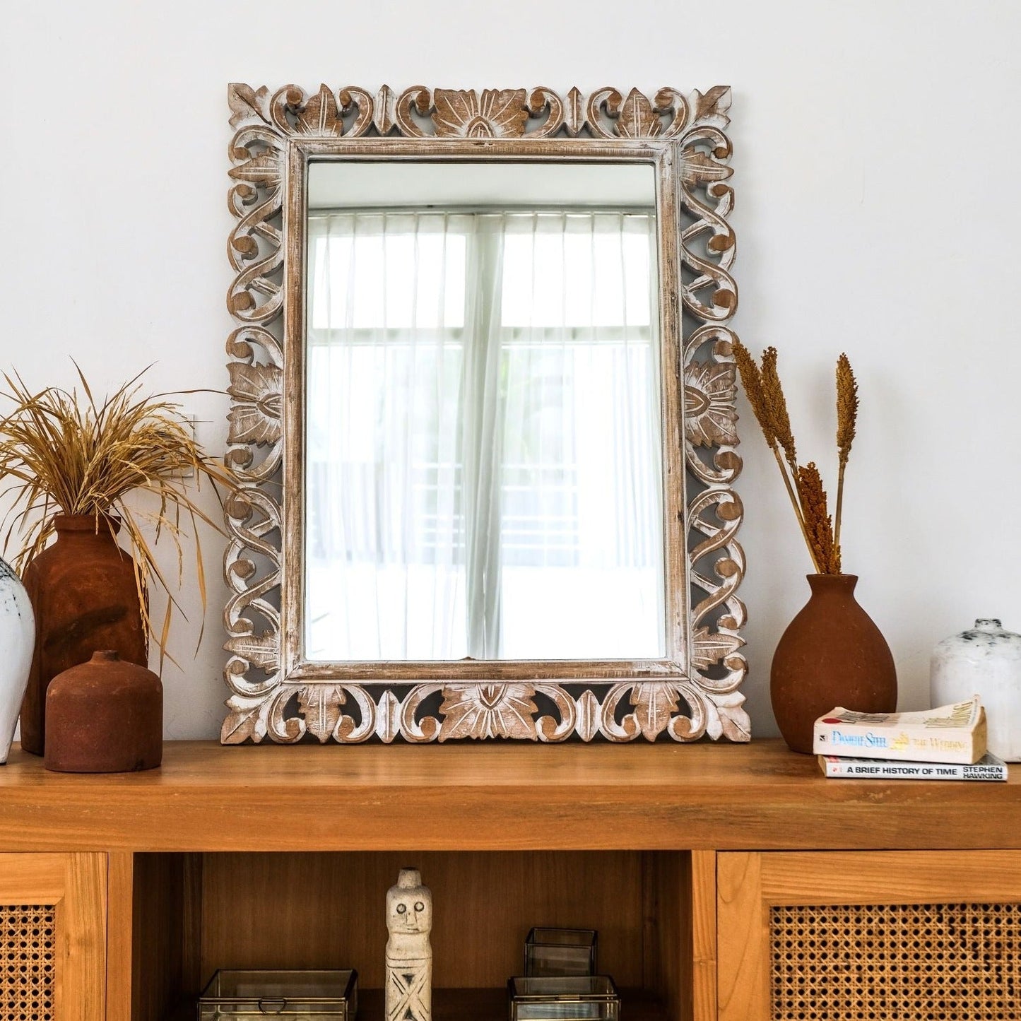 Carved Mirror "Kerang" in Antic-Wash - 90 cm