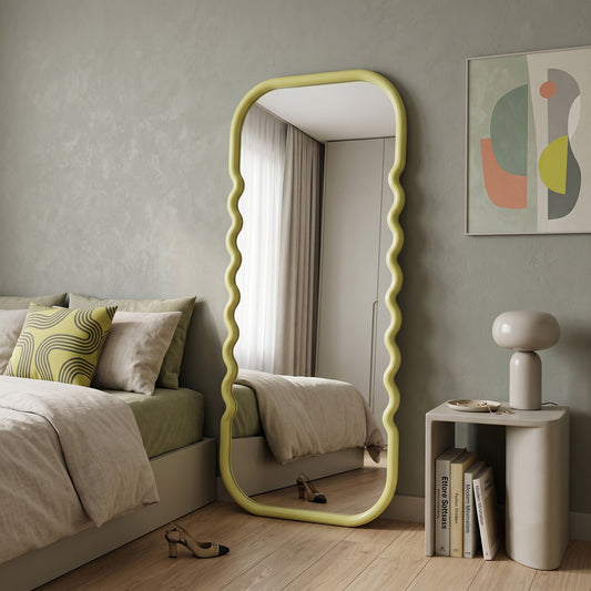 Wooden Wavy Mirror 'Asri' - Yellow -  160 x 60 cm