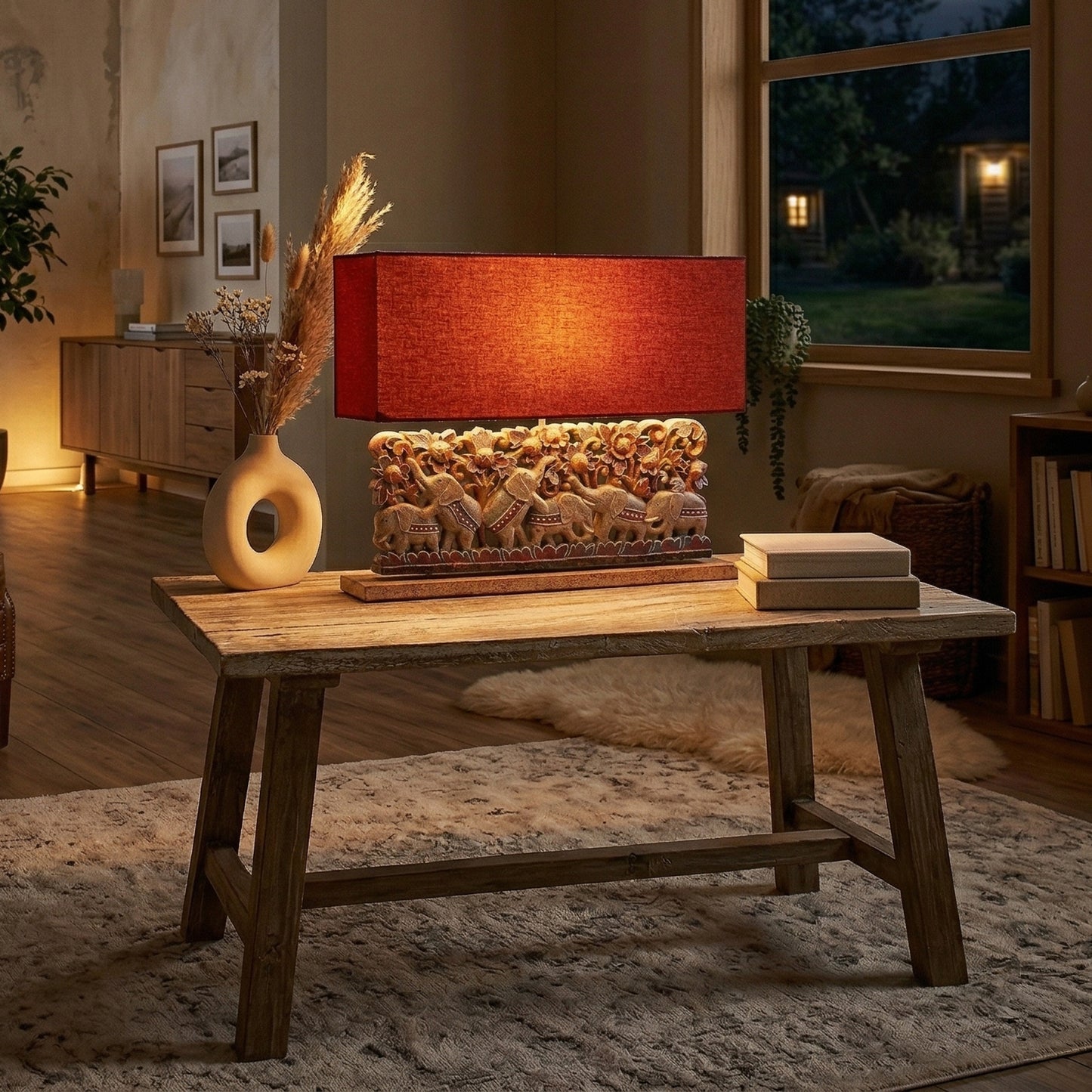 Carved Table Lamp '6 Elephants' - Multicolor Red