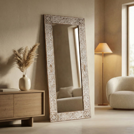 Hand Carved Mirror "Ainaro" - White Wash - 180 x 80 cm