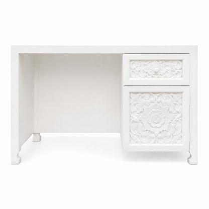 Carved Teak Working & Studying Table 'Alba' - White - 120 x 80 cm