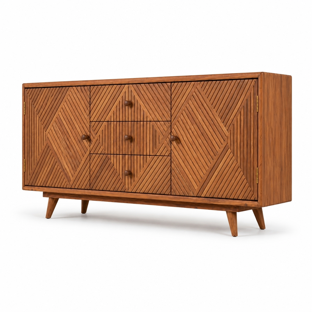 Mid-century modern wooden sideboard cabinet with geometric carved panel doors and drawers, shown on a clean white background.
