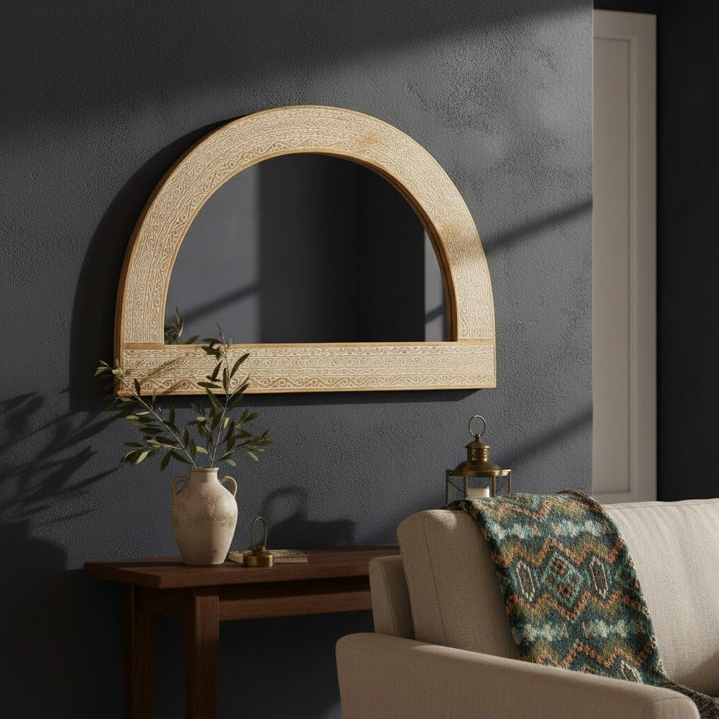 Wooden Carved Mirror Arch "Aruni"  - Natural Wash - 140 x 90 cm