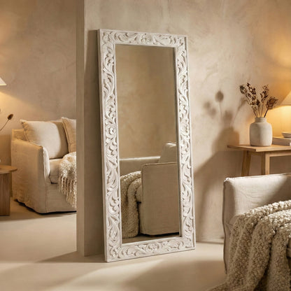 Hand Carved Wooden Mirror "Asmara" in White - 150 cm