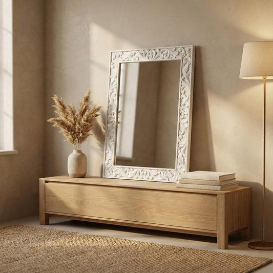 Hand Carved Mirror "Asmara" in White - 90 cm
