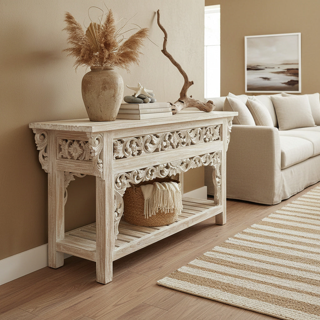 Wooden Carved Console Table "Balina" - White Wash - 150 cm