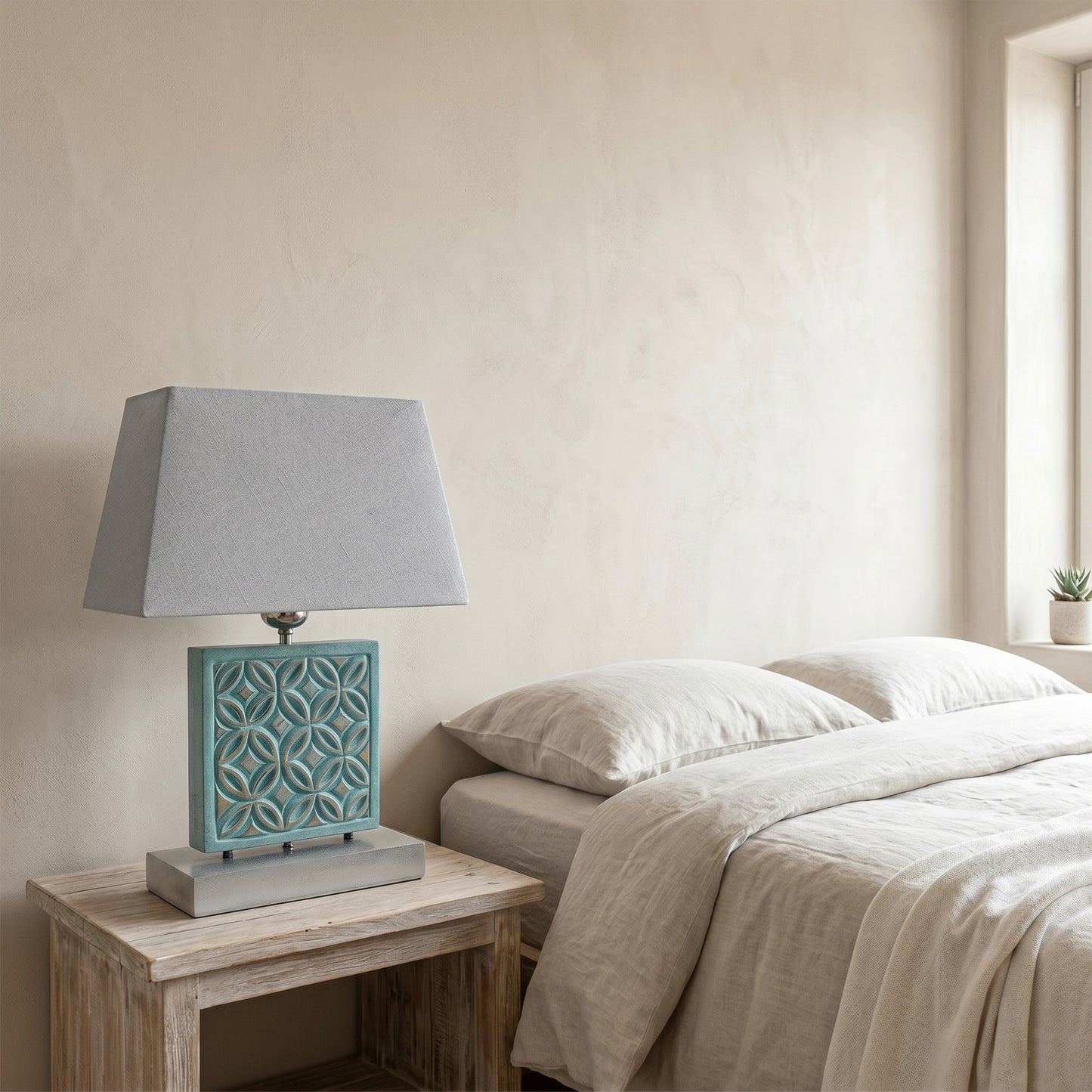 Carved Table Lamp 'Batik' - Blue Wash