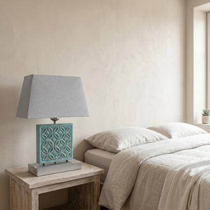 Carved Table Lamp 'Batik' - Blue Wash