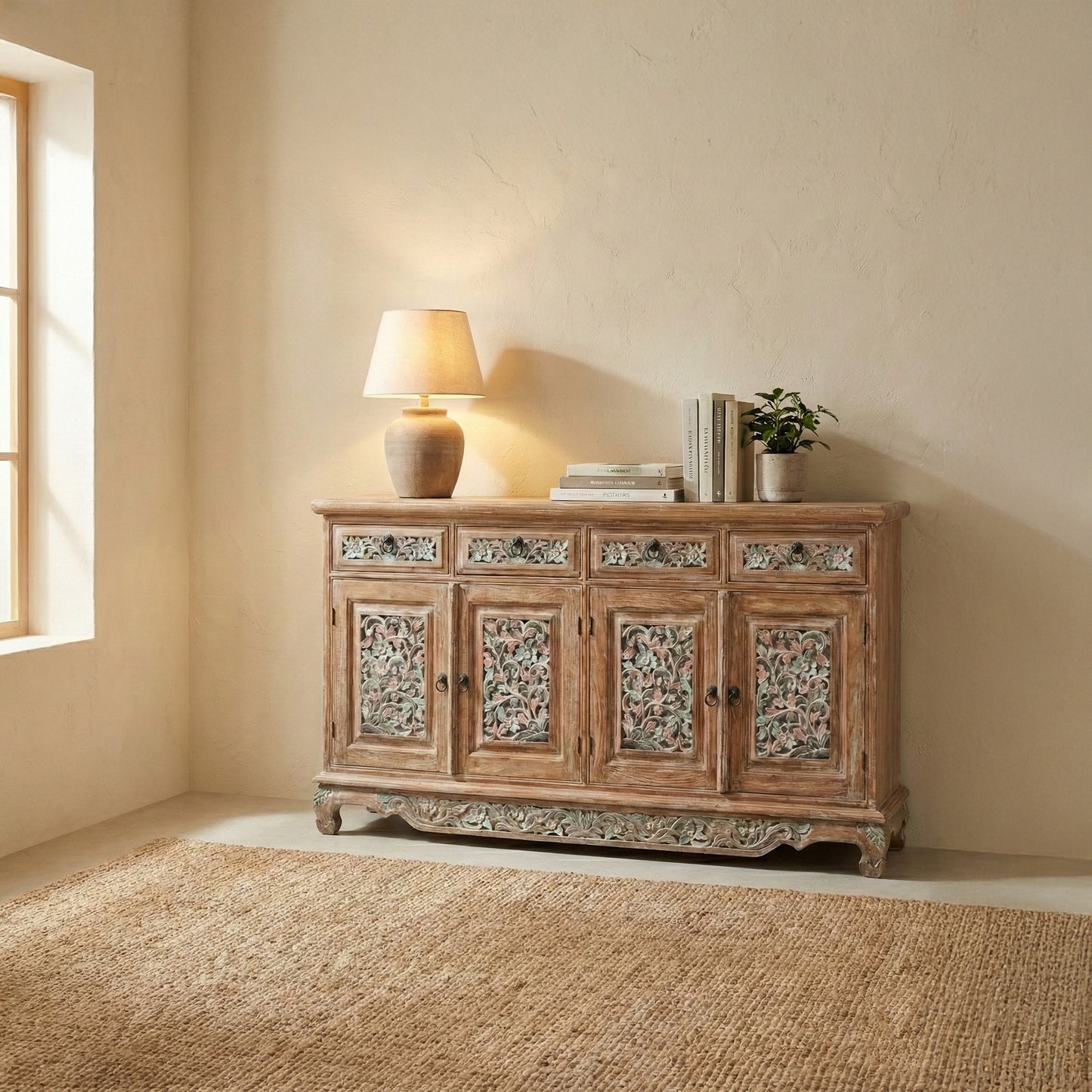 Wooden Carved Console Cabinet With Storage "Kirana" - 150 cm