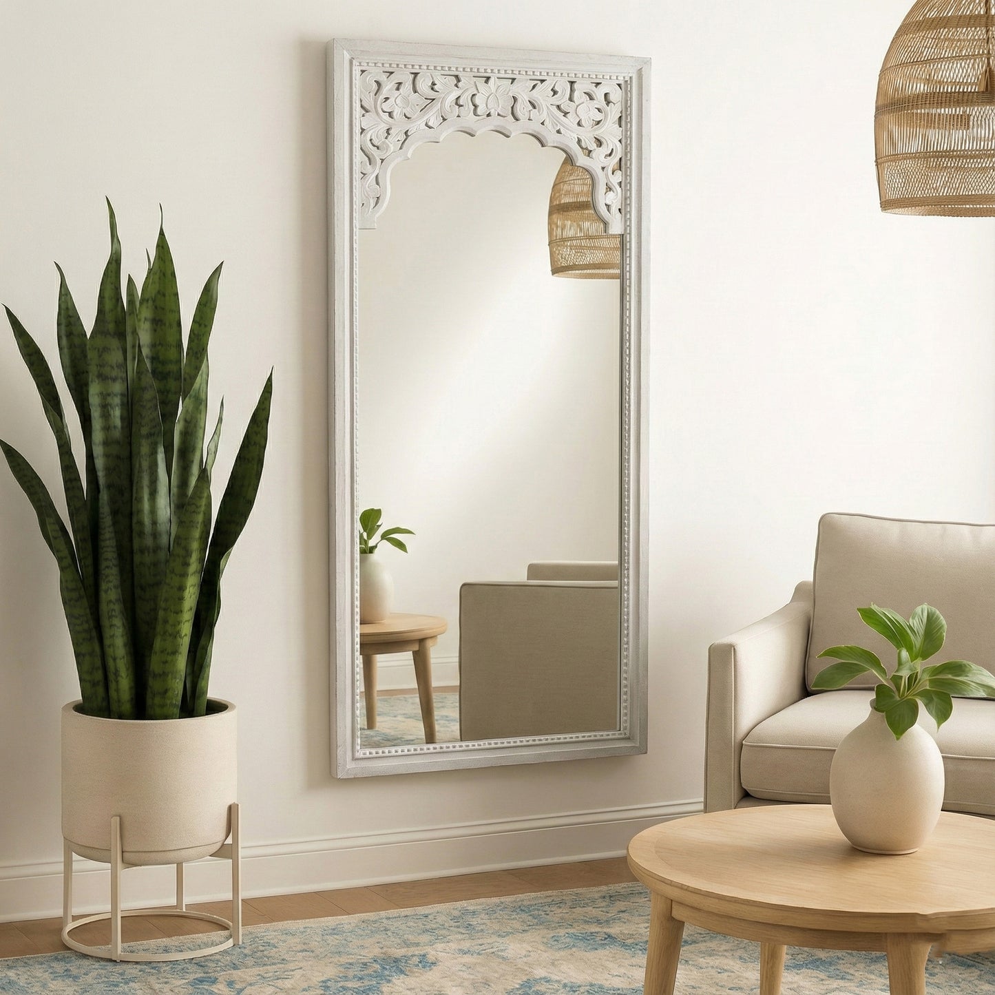 Hand Carved Mirror "Cahaya" in white - 150 cm