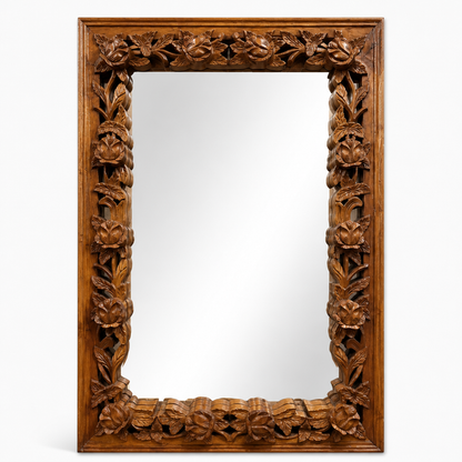 Hand-carved Wooden Mirror "Camélia" - Natural Brown - 120 x 90 cm