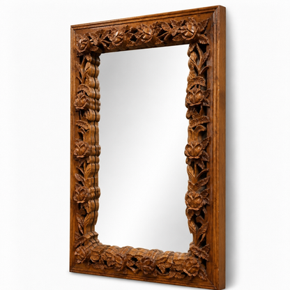 Hand-carved Wooden Mirror "Camélia" - Natural Brown - 120 x 90 cm