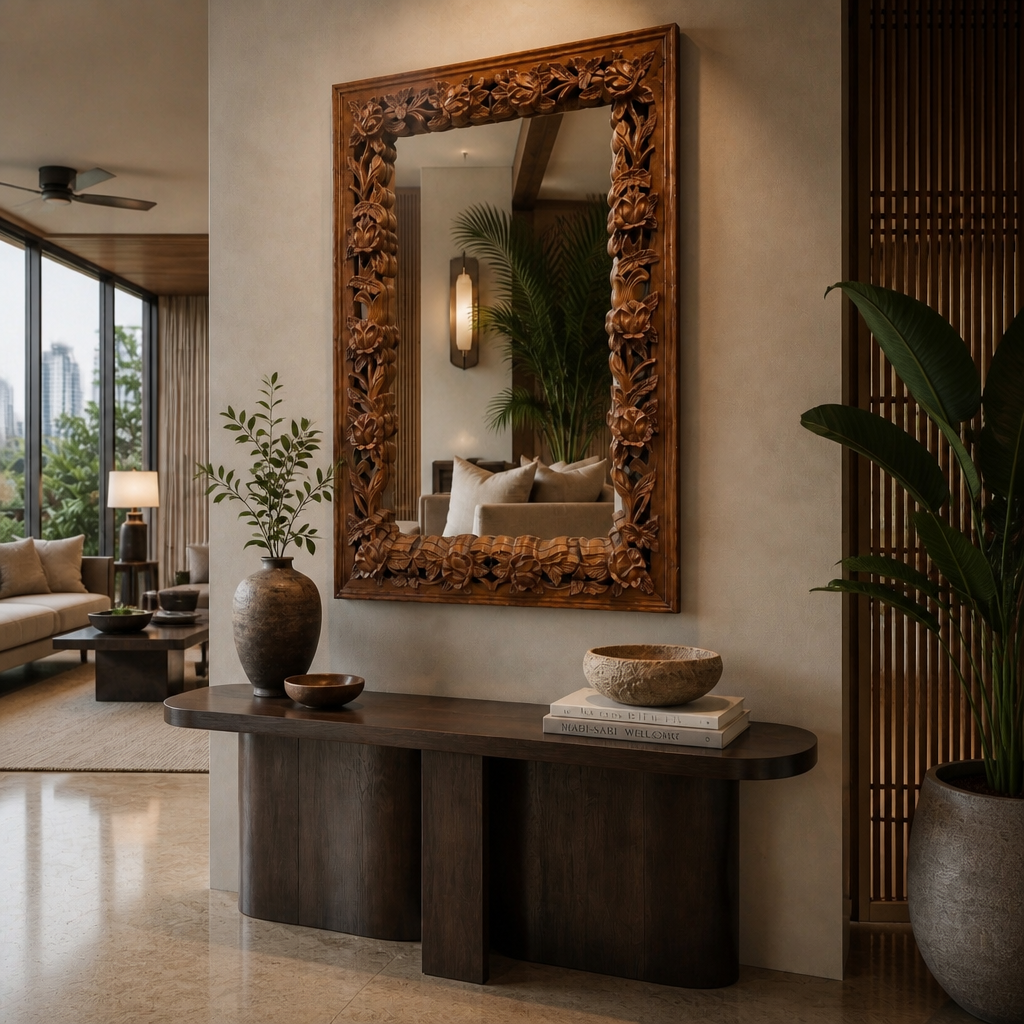Hand-carved Wooden Mirror "Camélia" - Natural Brown - 120 x 90 cm
