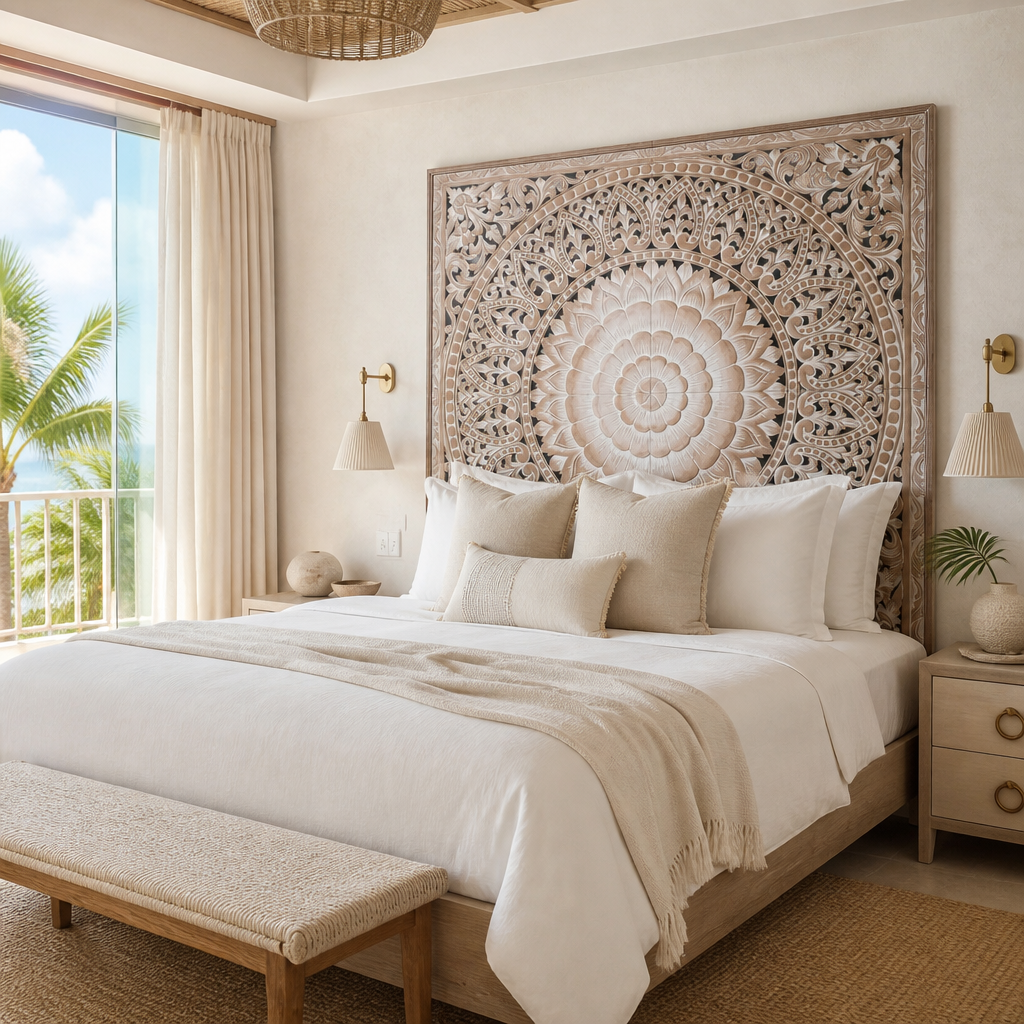 Carved Bed Headboard "Cendana" - Antique Wash