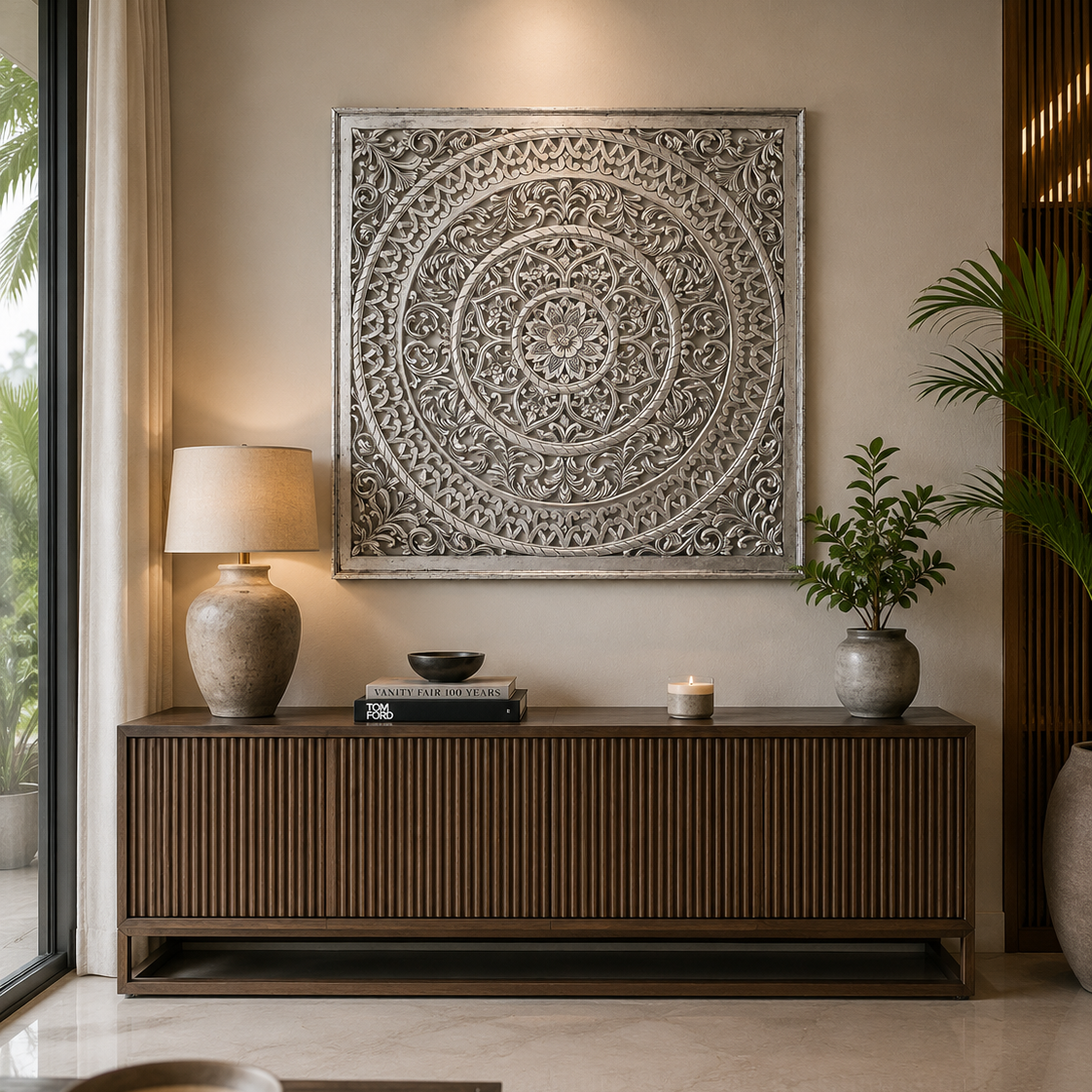 A large square silver-toned carved wall art piece with an intricate mandala design, displayed in a modern living room setting above a dark wood console table.