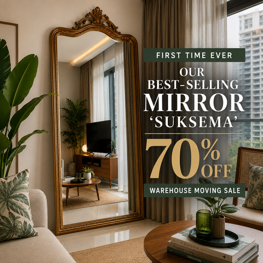 Hand Carved Mirror "Suksema" in Brass Antique Gold - 200 x 90 cm