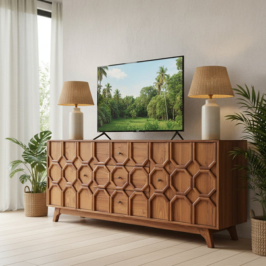 Wooden Carved Sideboard Console Cabinet "Selong" - Natural - 180 cm