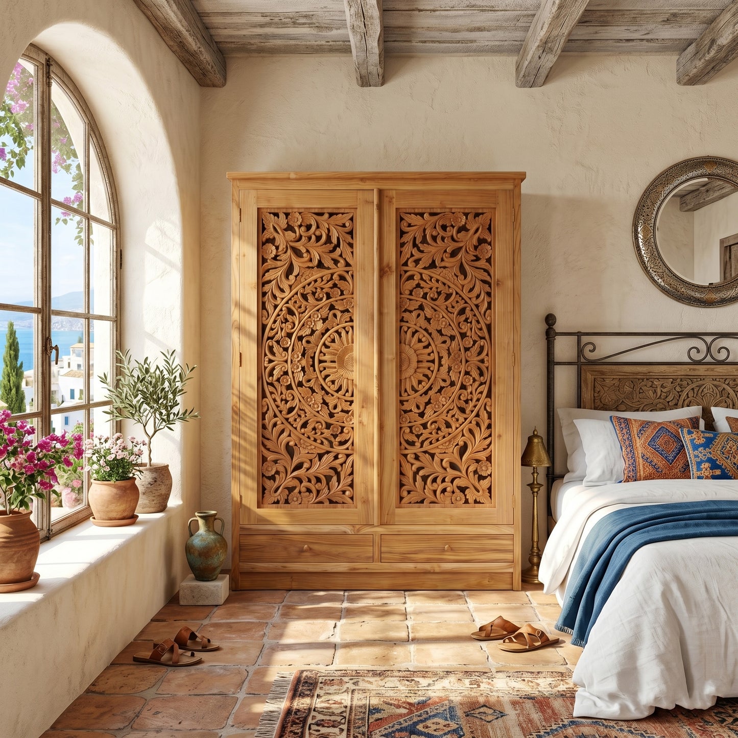 Wooden Carved Drawers "Lentera" - Natural - 210 cm