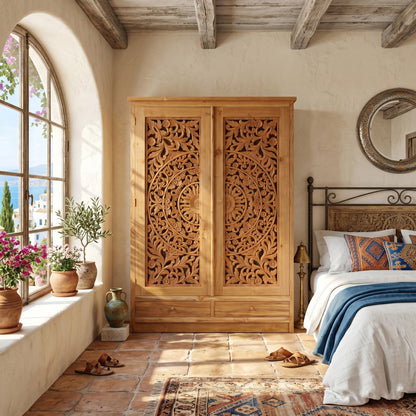 Wooden Carved Drawers "Lentera" - Natural - 210 cm