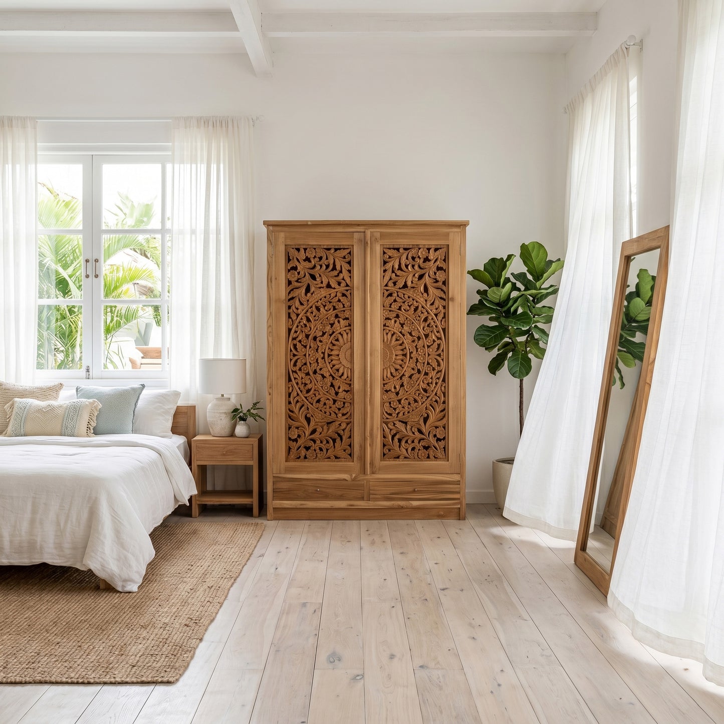 Wooden Carved Drawers "Lentera" - Natural - 210 cm