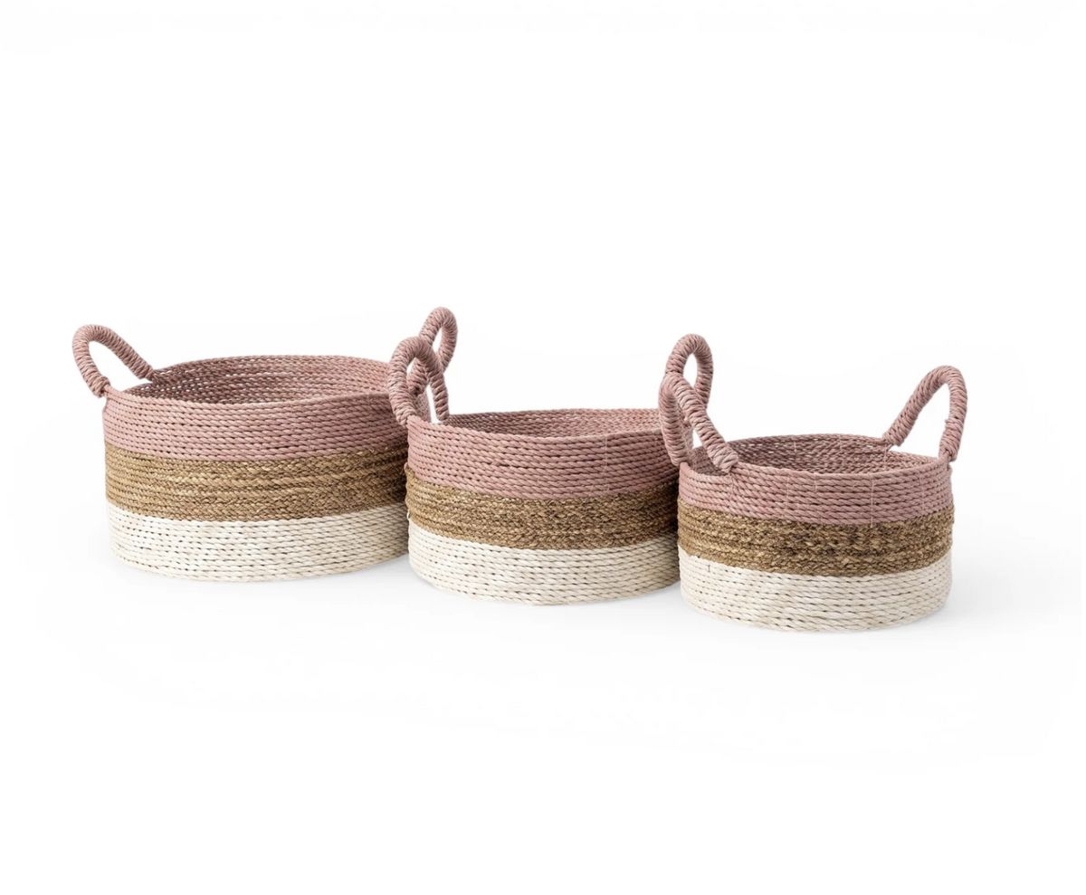 Set of 3 Baskets 'Dewi' - Pink, White and Natural