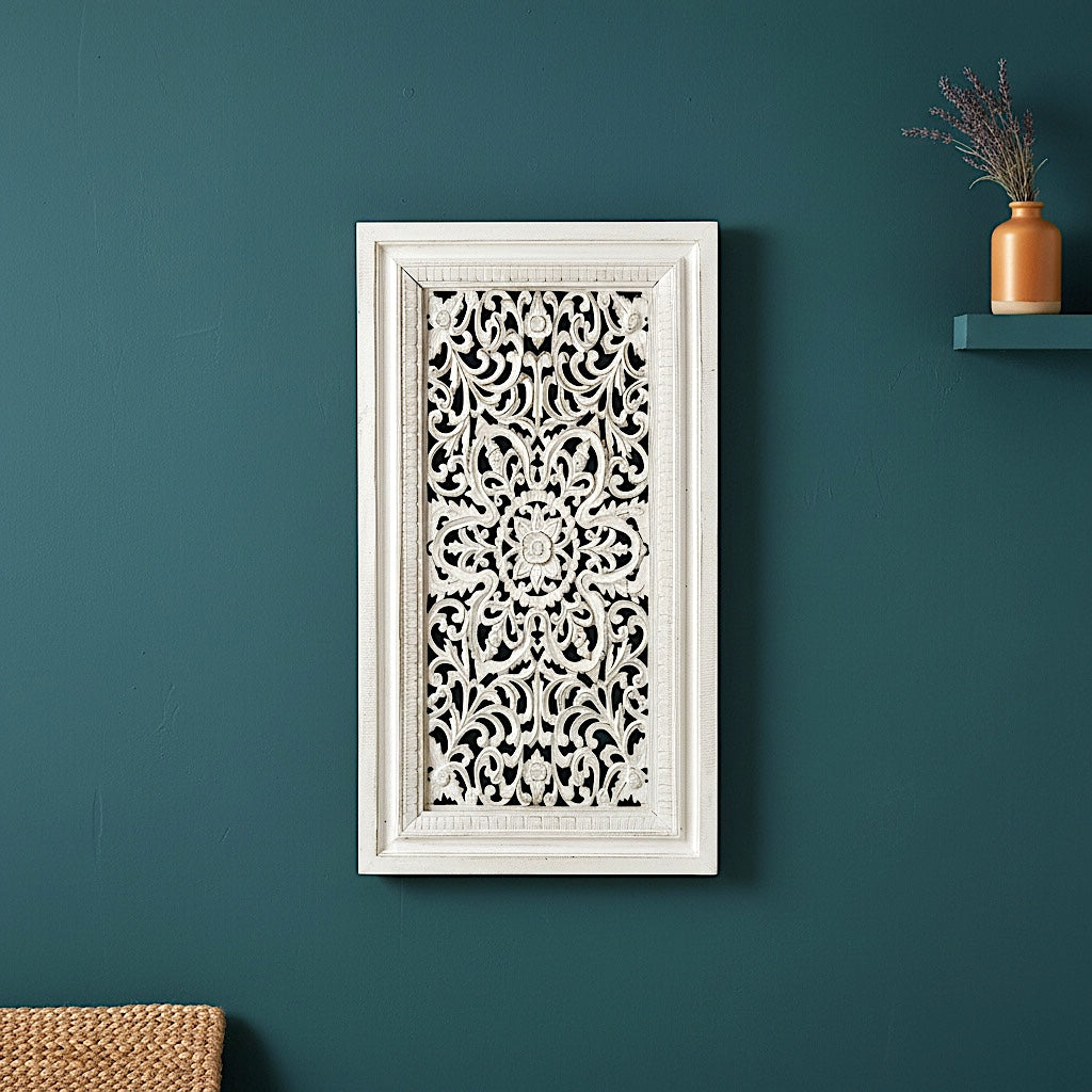 Carved Decorative Panel "Freesia" - White Wash - 90 x 50 cm