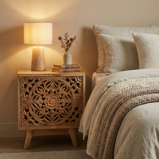Carved Bedside Table 'Indra' - Natural