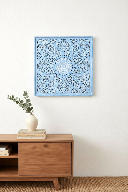 Carved Decorative Panel "Jantung" - Blue Wash - 100 cm