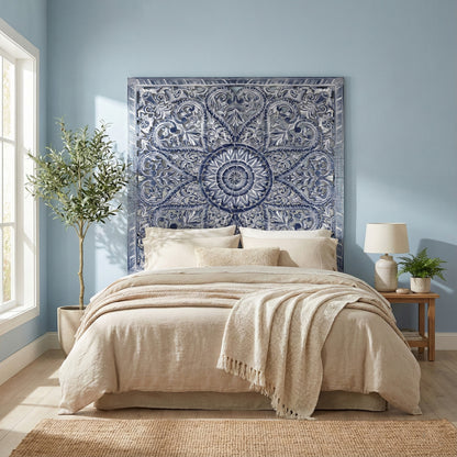 Carved Full Bed Headboard "Jantung" - Navy Blue Wash