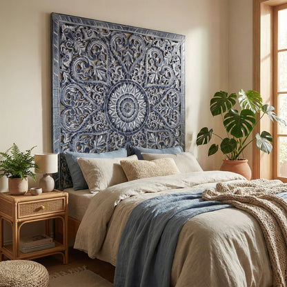 Carved Full Bed Headboard "Jantung" - Navy Blue Wash
