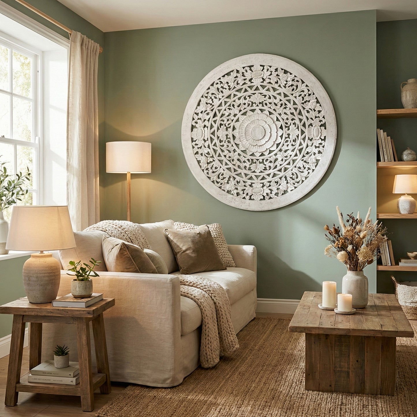 Carved Decorative Mandala "Jemu" - White - 100 cm