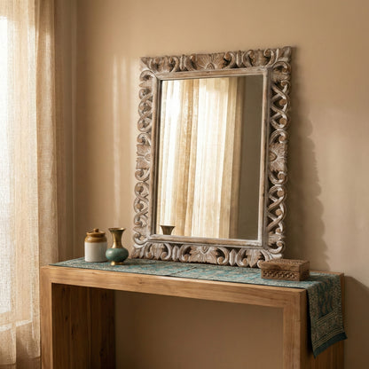 Carved Mirror "Kerang" in Antic-Wash - 90  cm