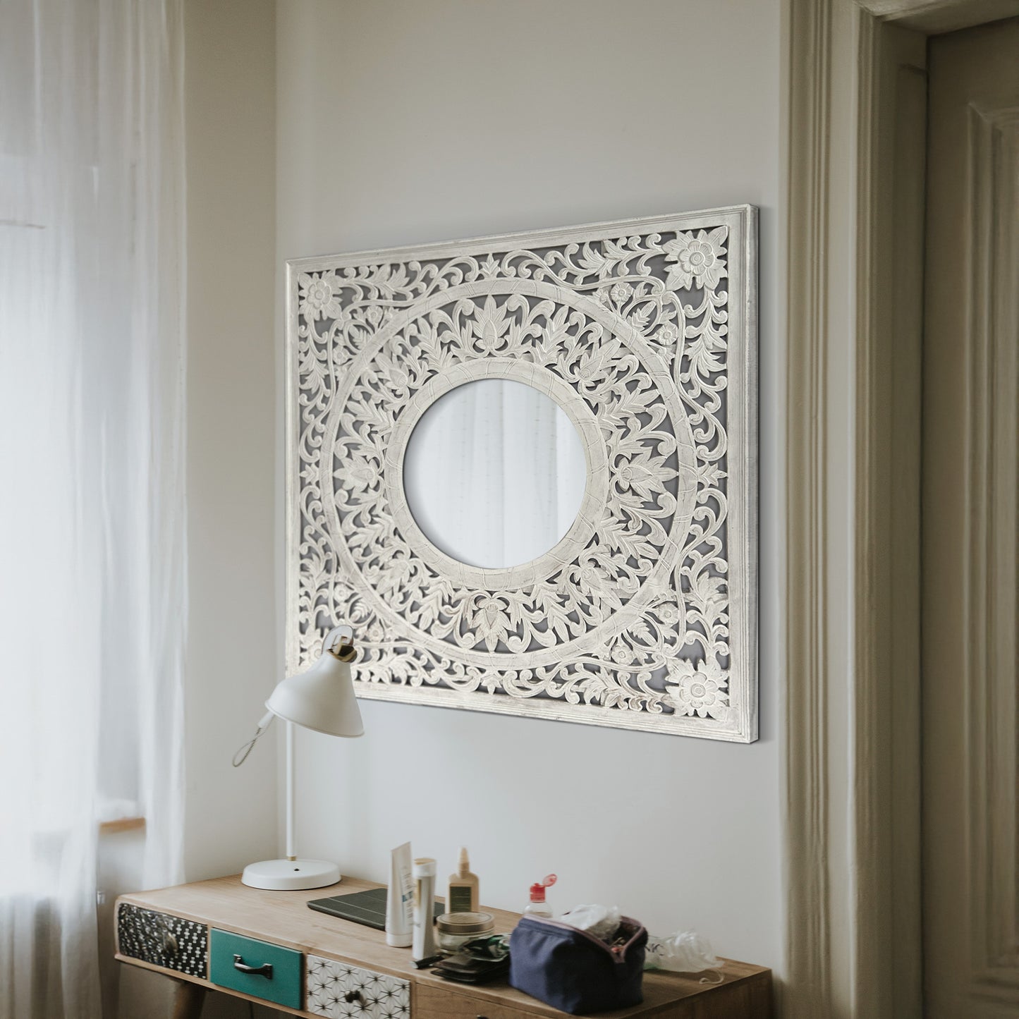 Hand Carved Mirror "Kilau" - White wash - 130cm