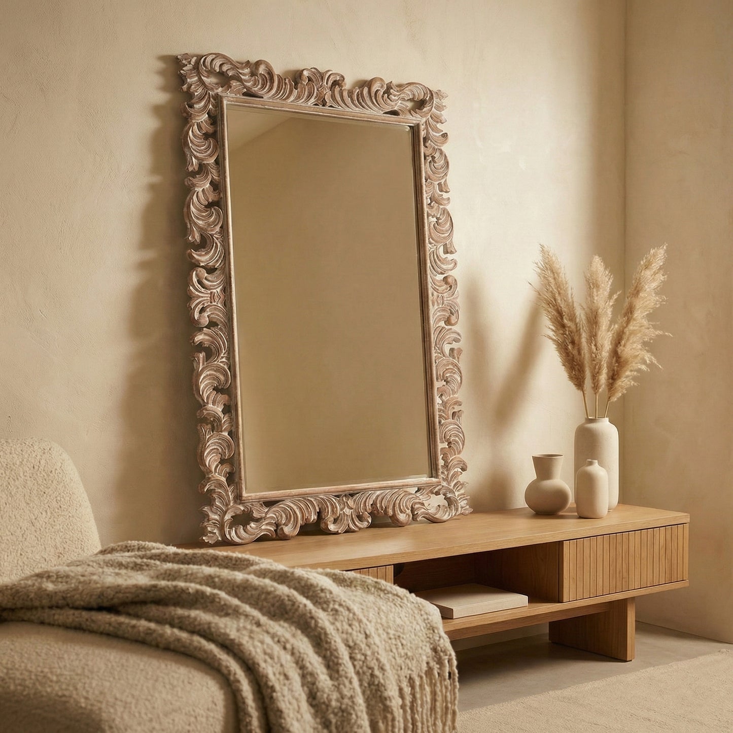 Hand Carved Mirror "Kuno"- Natural Wash - 150 cm