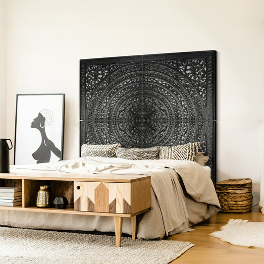 Carved Full  Bed Headboard "Kusuma" in Black - USA