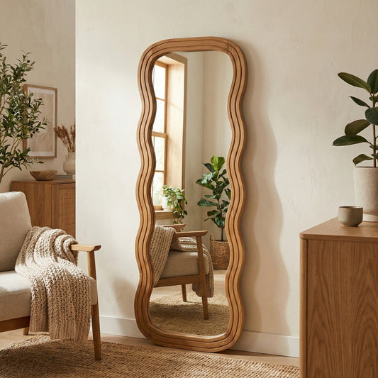 Wooden Wavy Mirror 'Asri' - Natural -  170 x 60 cm