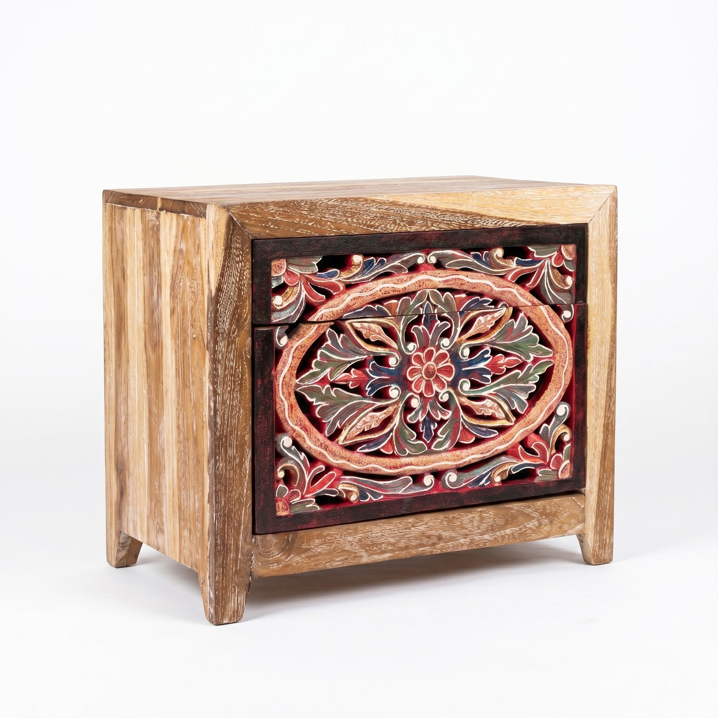 Wooden Carved Bedside Table 'Sekar' - Natural and Multicolor Red - 50cm
