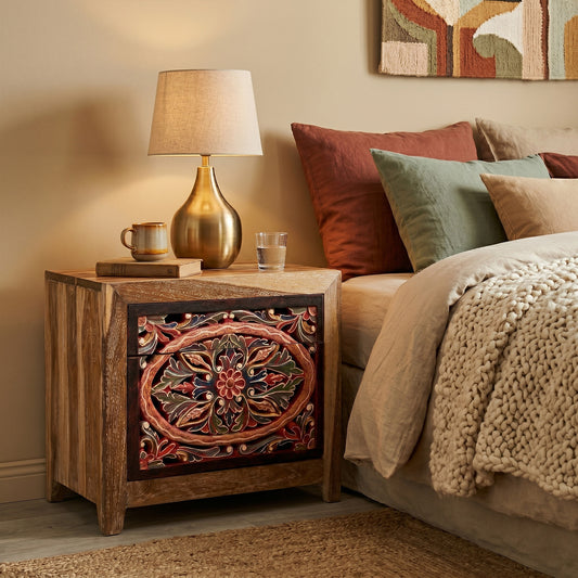 Wooden Carved Bedside Table 'Sekar' - Natural and Multicolor Red - 50cm