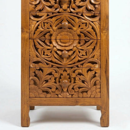 Teak Wood Hand-Carved Tall Display Shelf Cabinet with Drawers 'Mahesa' – 180 cm – Natural