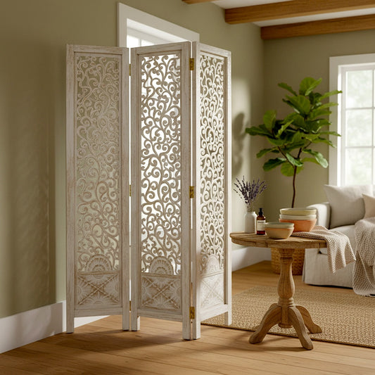 Carved Room Divider "Ombak" 170 cm in Natural Wash