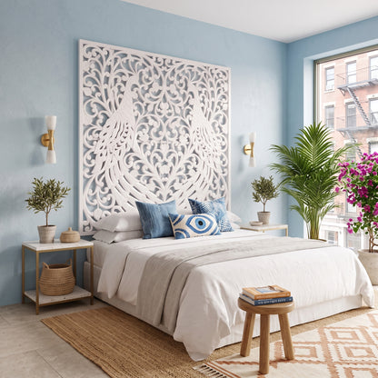 Carved Full Bed Headboard "Peacock" - USA